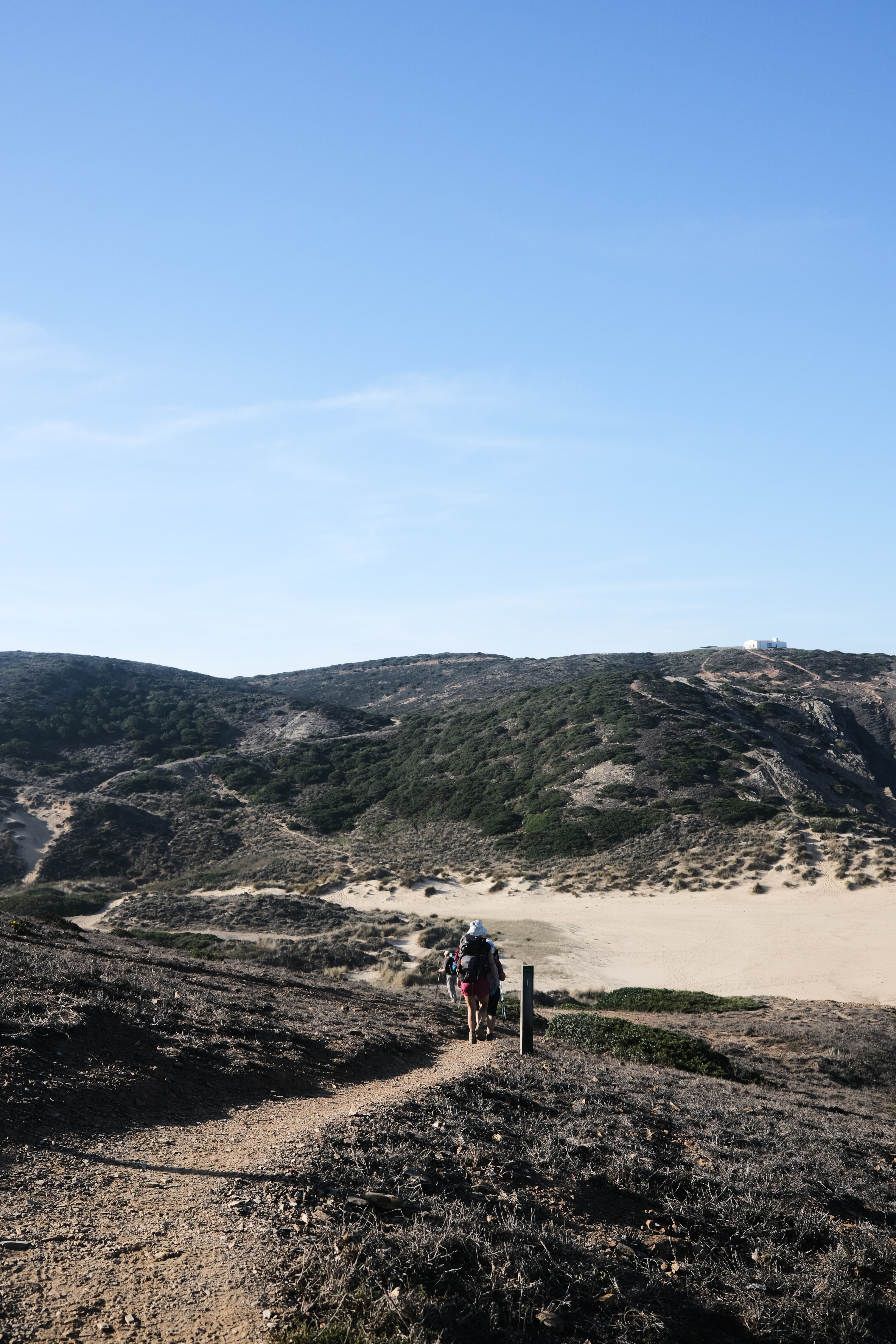 Line of hikers on the narrow footpath